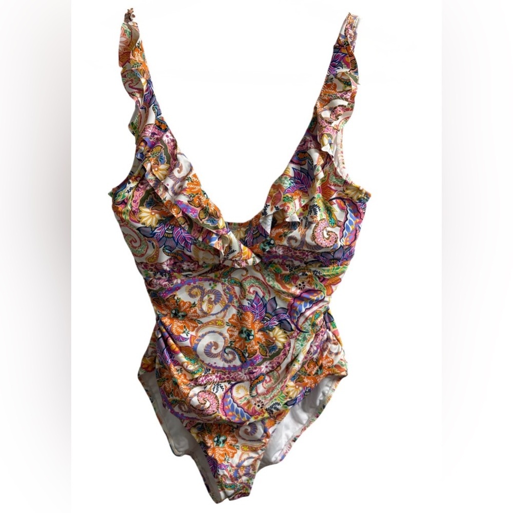 RALPH LAUREN ONE PIECE SWIMSUIT SIZE 16 PAISLEY FLORAL RUFFLE STRAP V-NECK - Picture 2 of 11